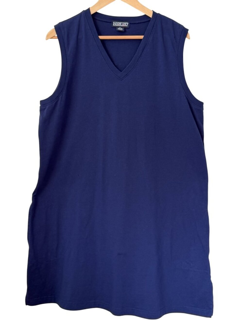 Lands' End Sleeveless Cotton Jersey V-neck Shift Dress Pocket Navy Blue XL 18-20